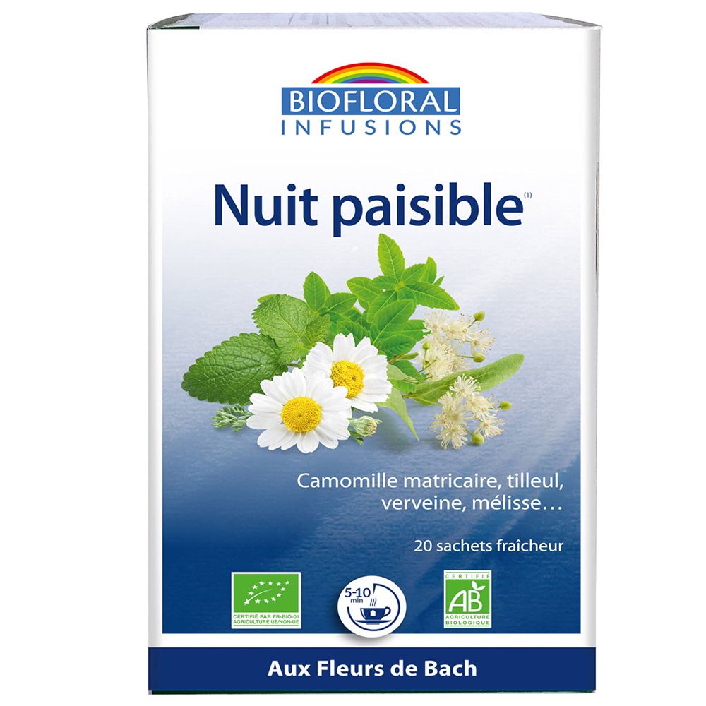 Verpakking "Biofloral Infusions Nuit paisible". Illustratie van bloemen en bladeren. 20 verse zakjes. Bio-keurmerk.