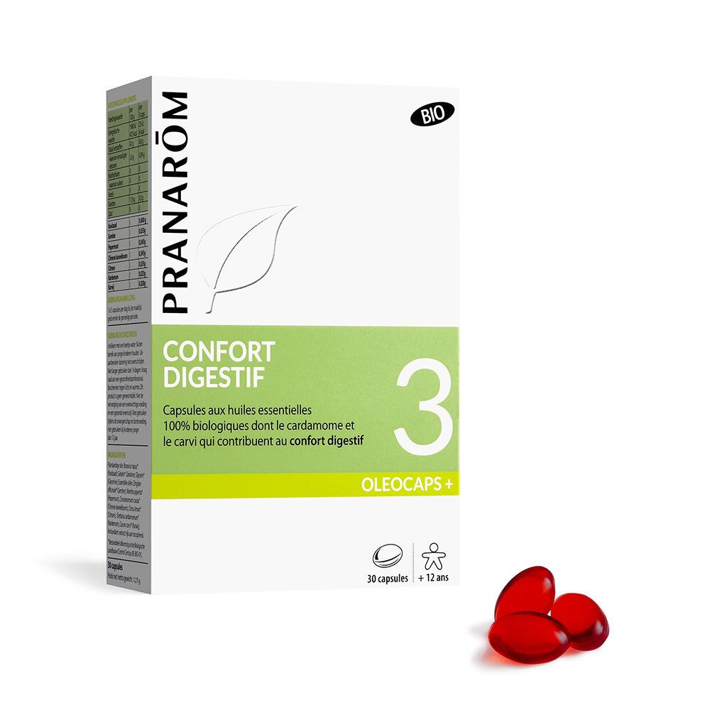 Boîte blanche et verte. Inscriptions: PRANAROM, CONFORT DIGESTIF, 3 OLEOCAPS+. Label Bio. Capsules rouges à côté.