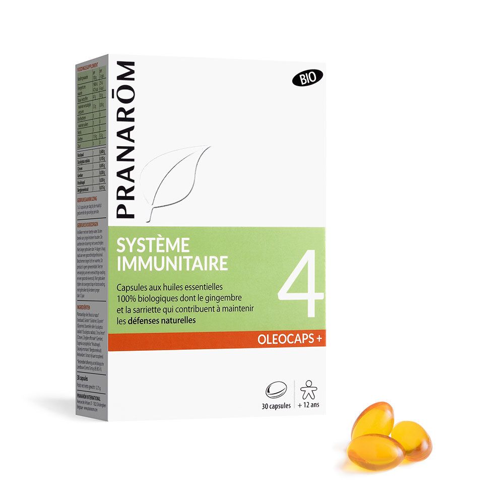 Boîte blanche Pranarôm Système Immunitaire 4, Oleocaps+. 30 capsules, label Bio. Capsules jaunes. Ingrédients et informations.