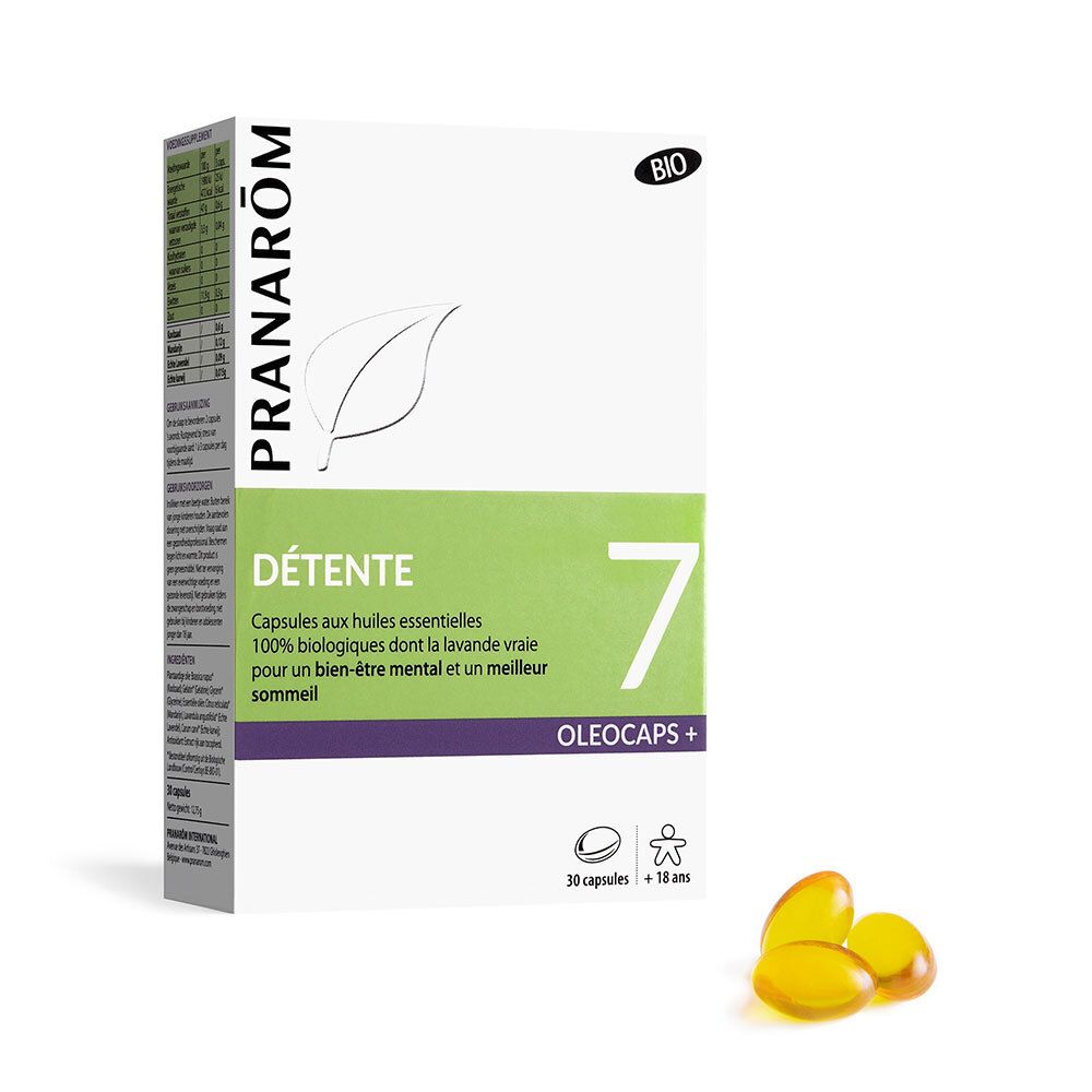 Boîte de gélules Pranarôm Détente 7, Oleocaps+. 30 gélules, label Bio. Gélules jaunes à côté. Ingrédients et informations nutritionnelles.