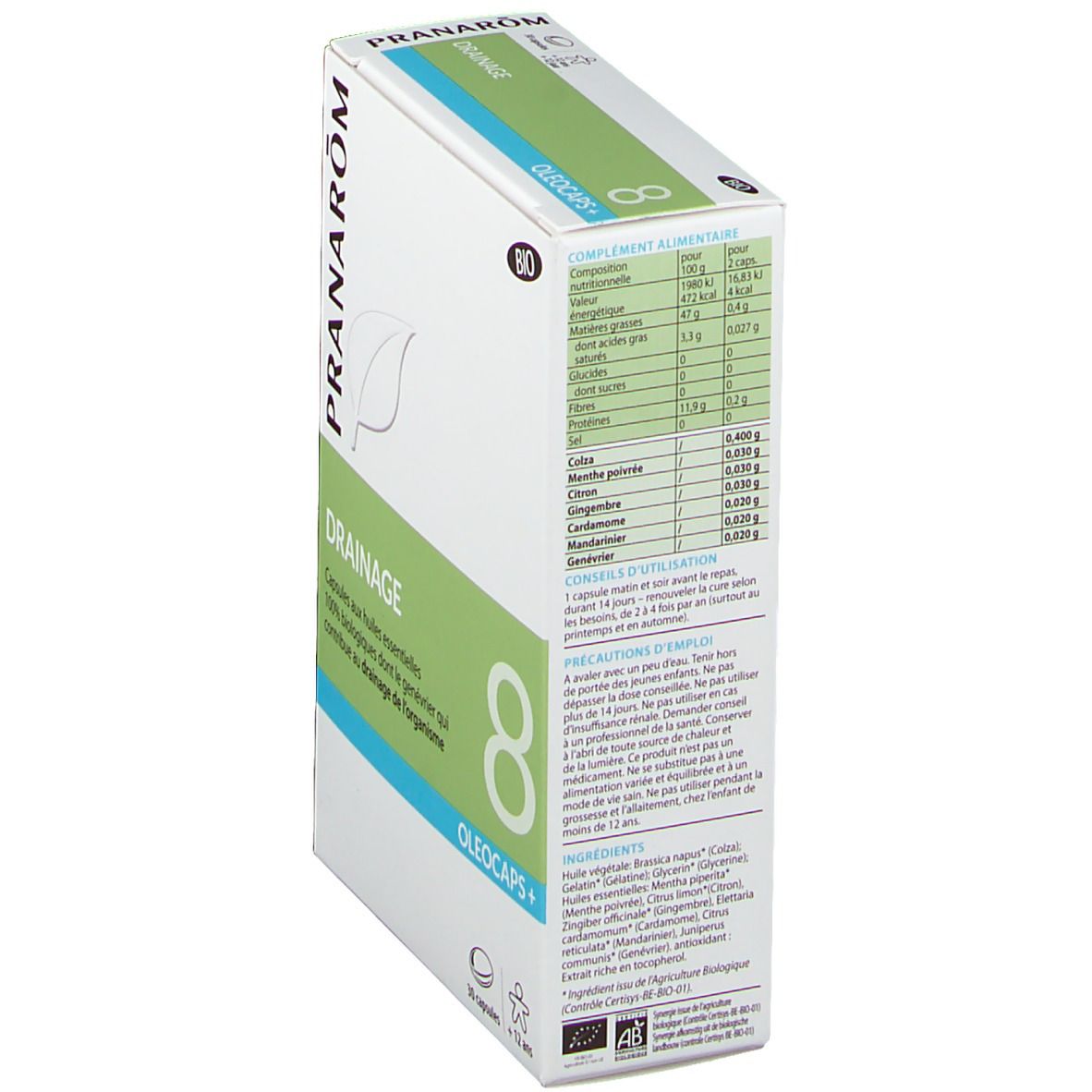 Boîte avec informations sur le produit. Inscription: Drainage, Oleocaps+. Certification bio. Liste des ingrédients et informations nutritionnelles.