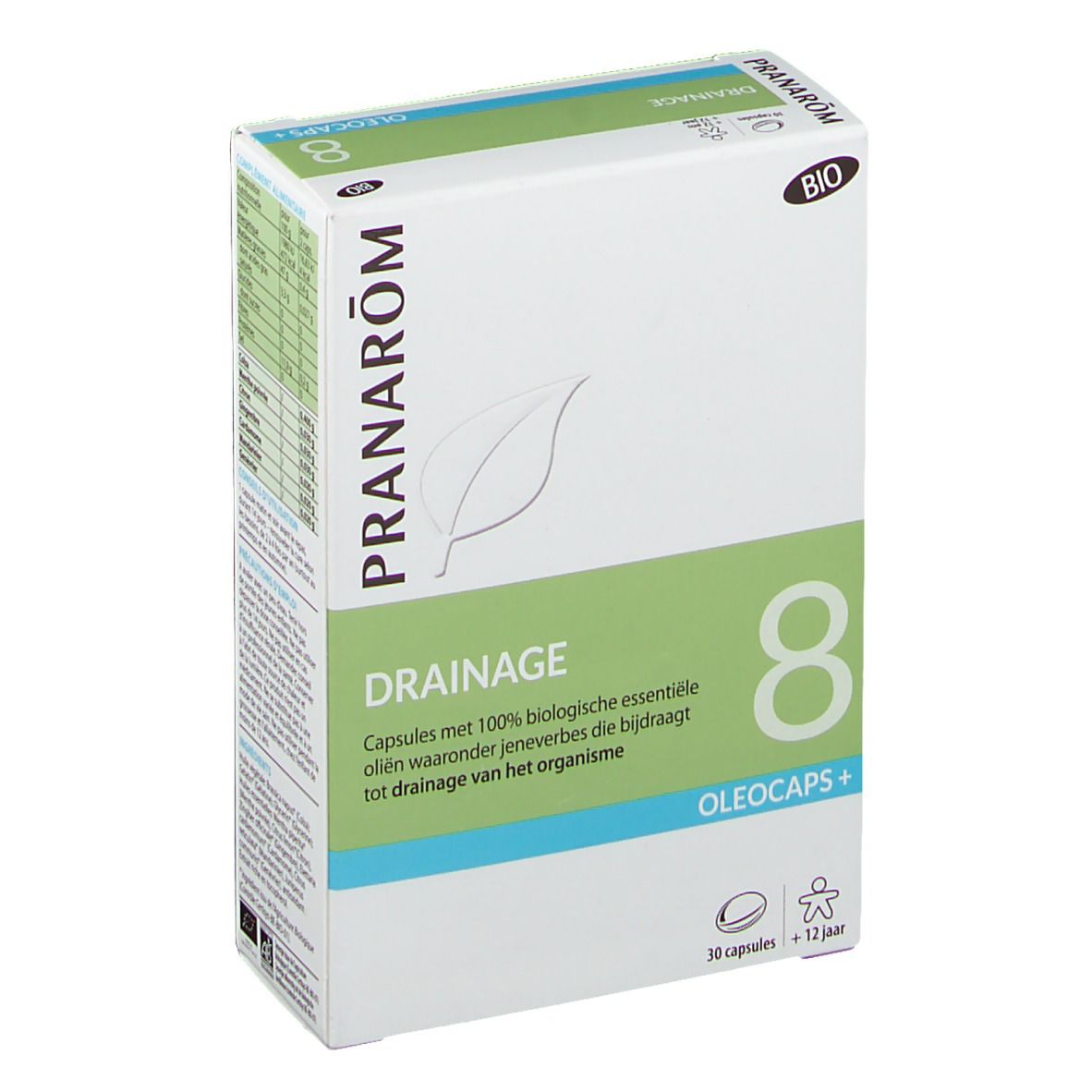Boîte blanche et verte avec nom du produit et logo. Inscription: Drainage, Oleocaps+. Certification bio. 30 capsules.