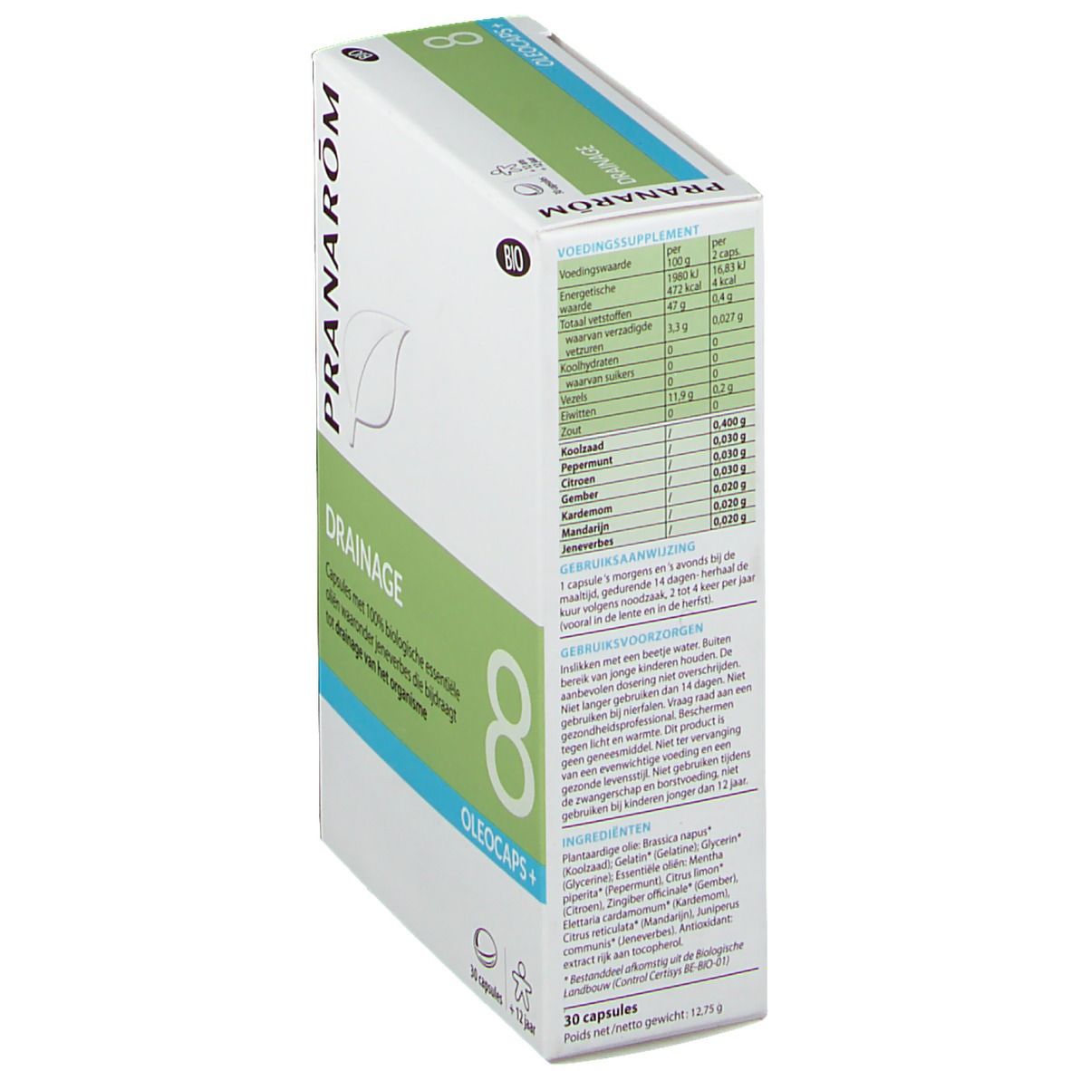 Boîte avec informations sur le produit. Inscription: Drainage, Oleocaps+. Certification bio. Liste des ingrédients et informations nutritionnelles.