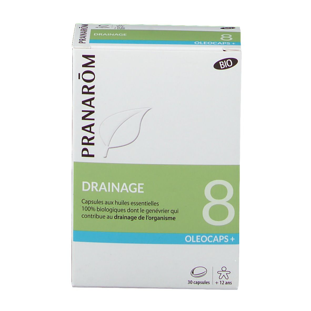 Boîte blanche et verte avec nom du produit et logo. Inscription: Drainage, Oleocaps+. Certification bio. 30 capsules.