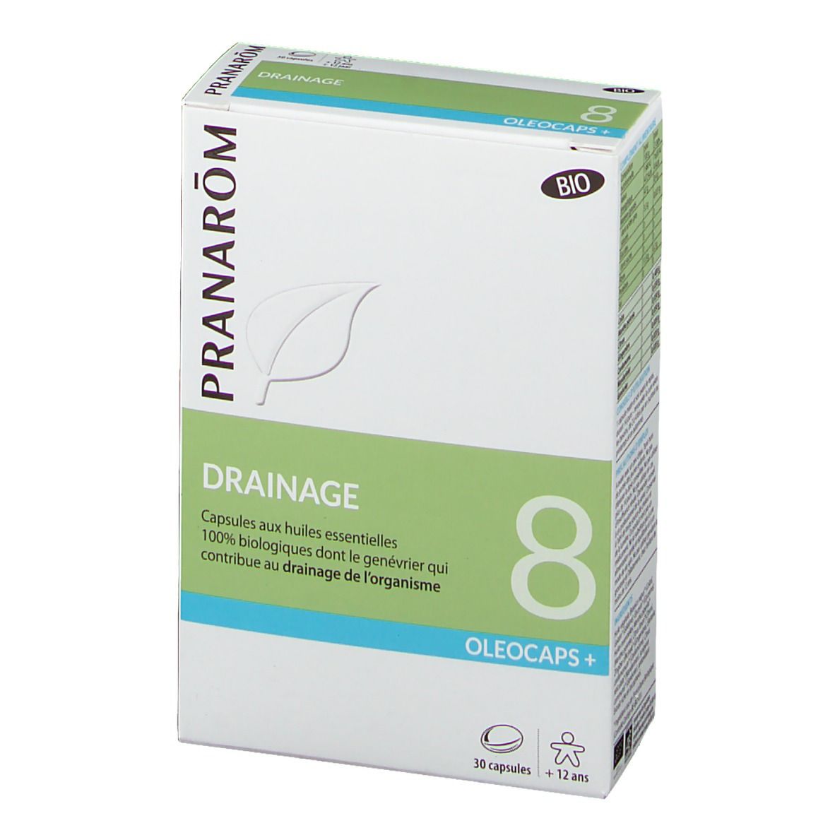 Boîte blanche et verte avec nom du produit et logo. Inscription: Drainage, Oleocaps+. Certification bio. 30 capsules.