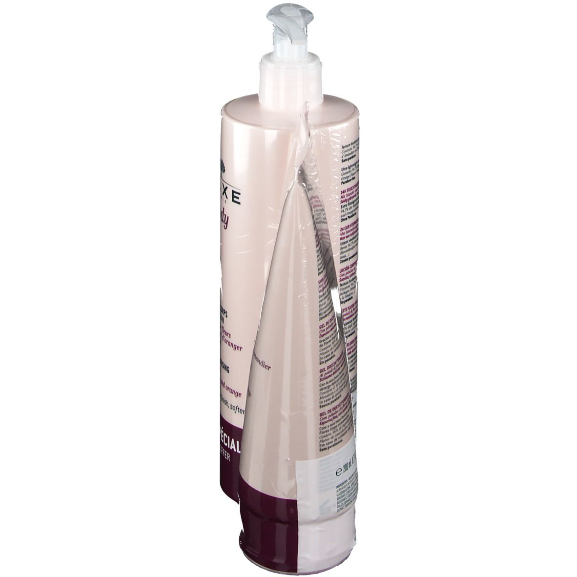 Lotion corporelle et gel douche emballés dans du film plastique. Flacons avec bouchons blancs et texte NUXE body. Inscription : Offre Spéciale.