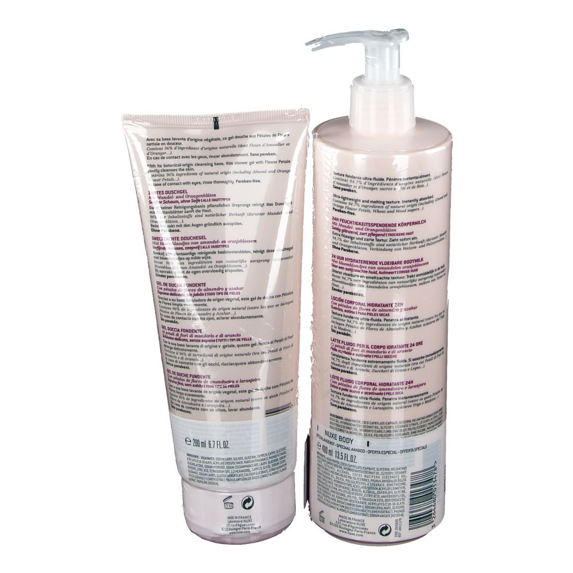 Dos de lotion corporelle et gel douche. Flacons avec bouchons blancs et texte NUXE body. Texte en plusieurs langues.