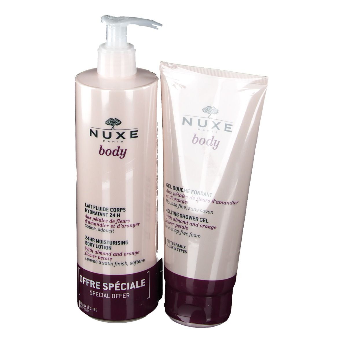 Ensemble lotion corporelle et gel douche. Flacons avec bouchons blancs et texte NUXE body. Inscription : Offre Spéciale.