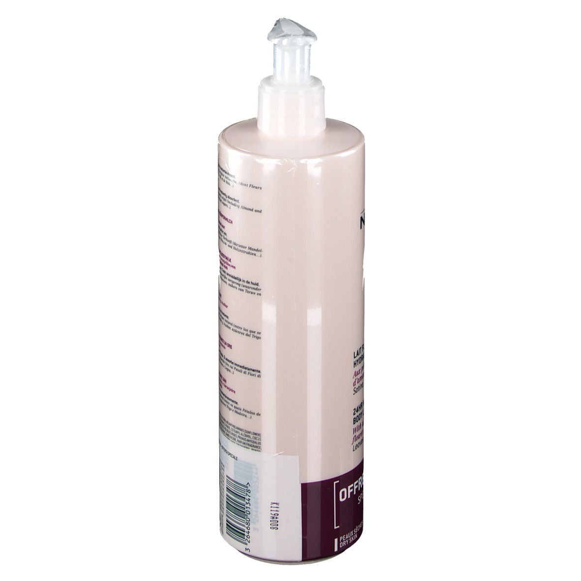 Flacon de lotion corporelle avec bouchon blanc et texte NUXE body. Inscription : Offre Spéciale. Code-barres et texte au dos.
