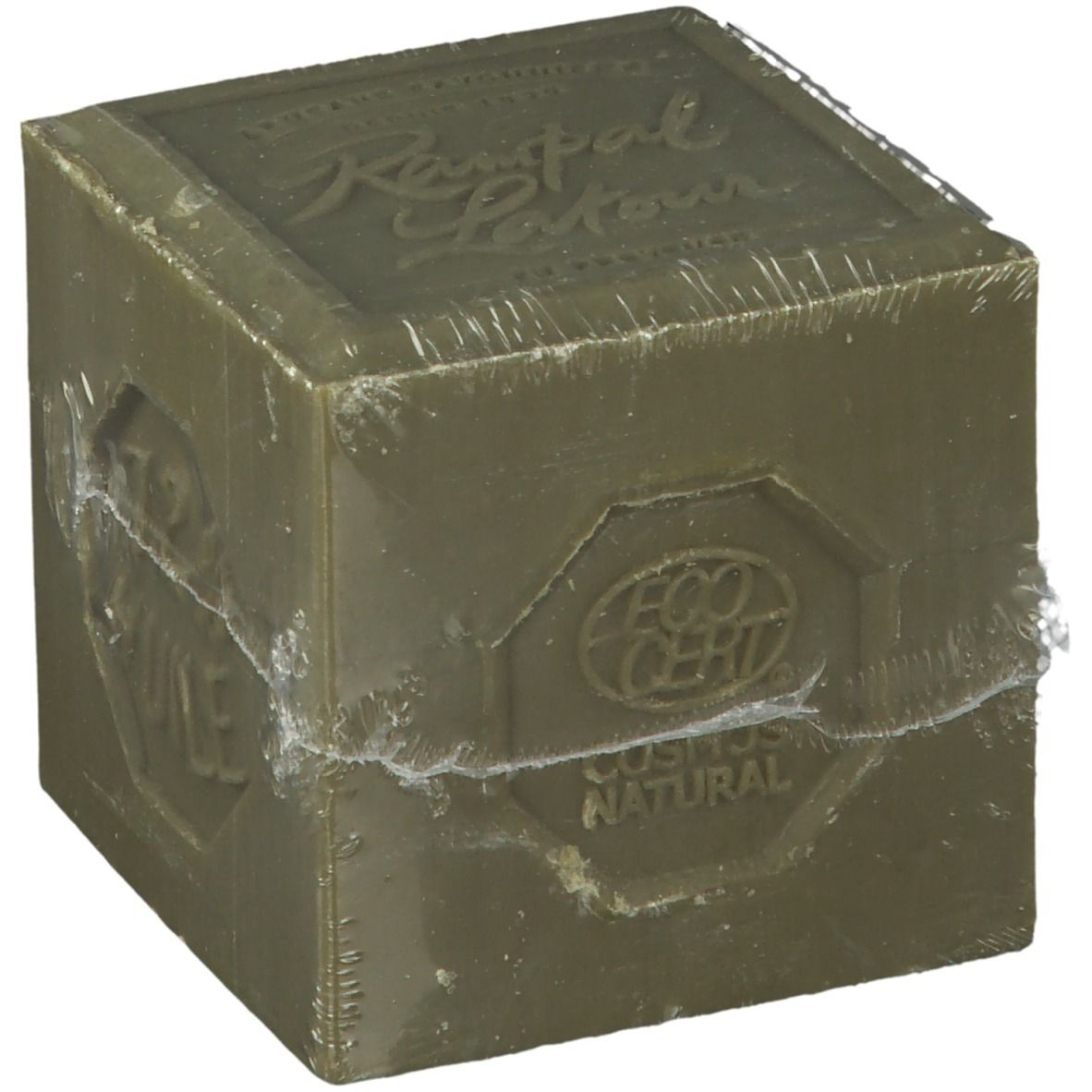 Savon d'olive cubique, emballé dans du film plastique. Inscription: Rampal Latour. Avec le label Eco Cert. Couleur verdâtre.