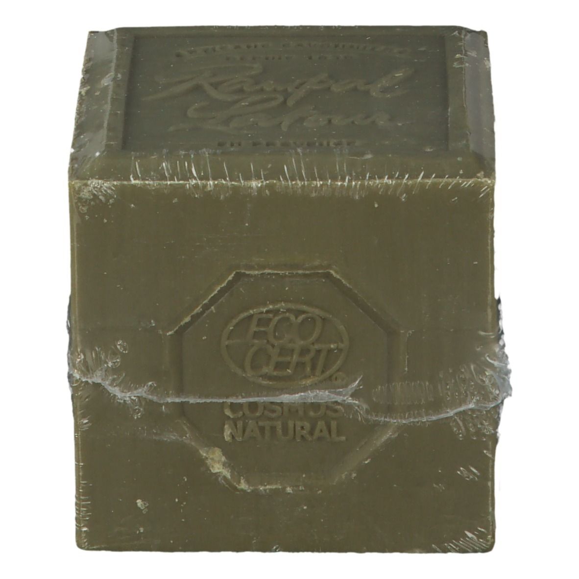 Savon d'olive emballé dans du film plastique. Inscription: Rampal Latour. Avec le label Eco Cert. Couleur verdâtre.