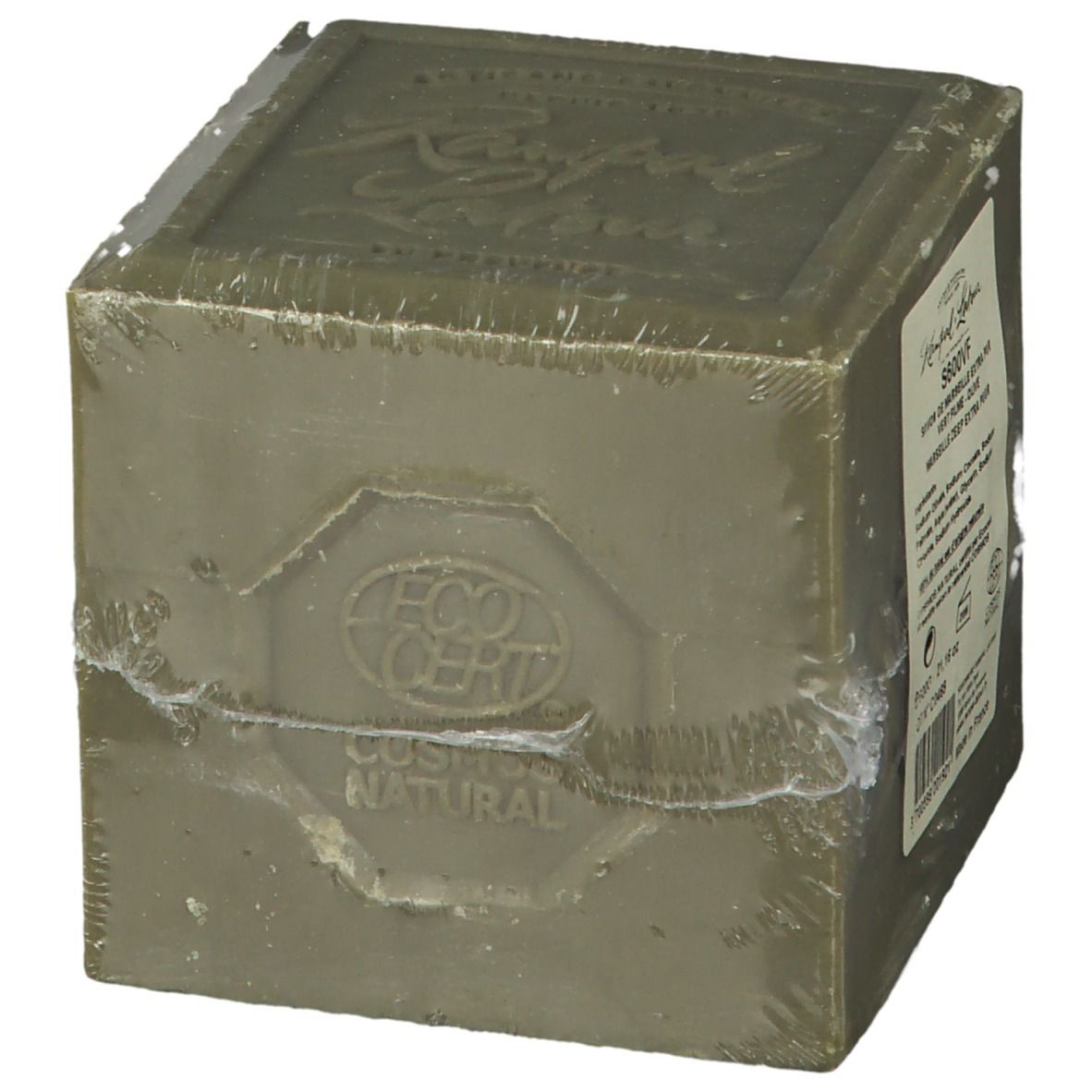 Savon d'olive emballé dans du film plastique. Inscriptions: Rampal Latour, S600VF. Avec le label Eco Cert. Couleur verdâtre.