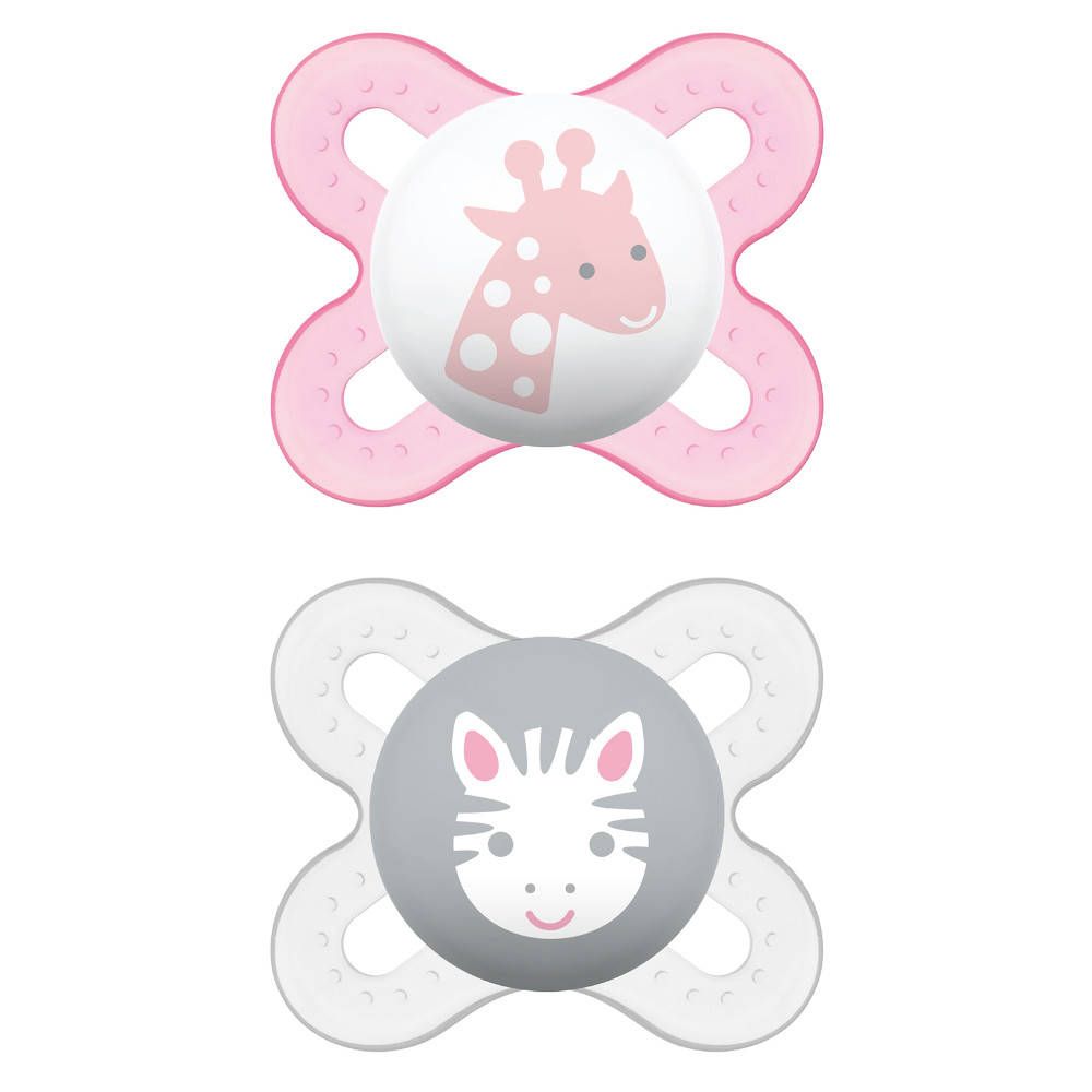 Deux sucettes avec motifs animaux. Couleurs rose et grise. Tétines rondes, bords en forme d'ailes.
