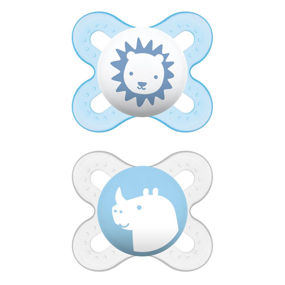 Deux sucettes avec motifs animaux. Couleurs bleu et gris. Tétines rondes, bords en forme d'ailes.
