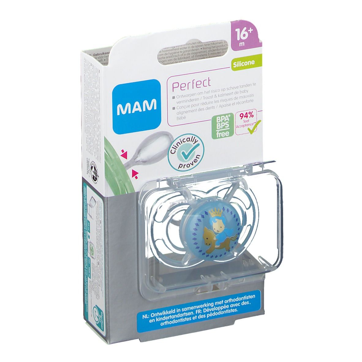 Sucette MAM Perfect bleue, motif animal. Emballage plastique transparent. Sur l'emballage: logo MAM, 16+ m, sans BPA/BPS.