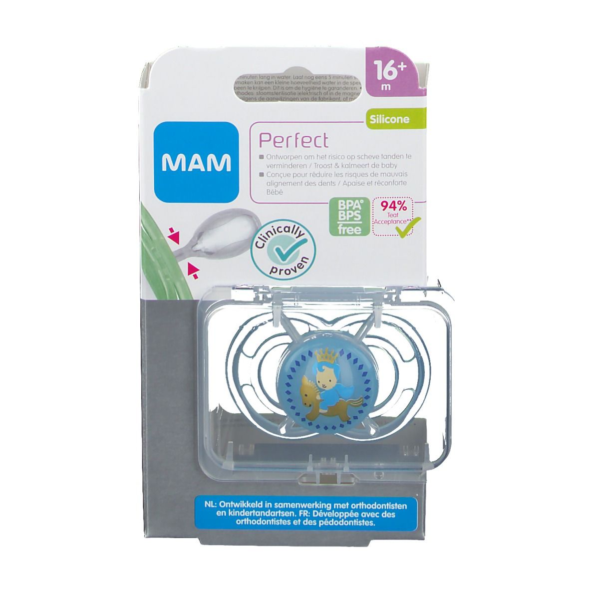 Sucette MAM Perfect bleue, motif animal. Emballage plastique transparent. Sur l'emballage: logo MAM, 16+ m, sans BPA/BPS.