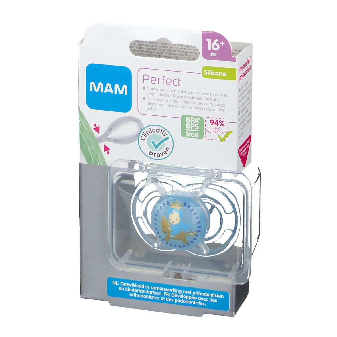 Sucette MAM Perfect bleue, motif animal. Emballage plastique transparent. Sur l'emballage: logo MAM, 16+ m, sans BPA/BPS.