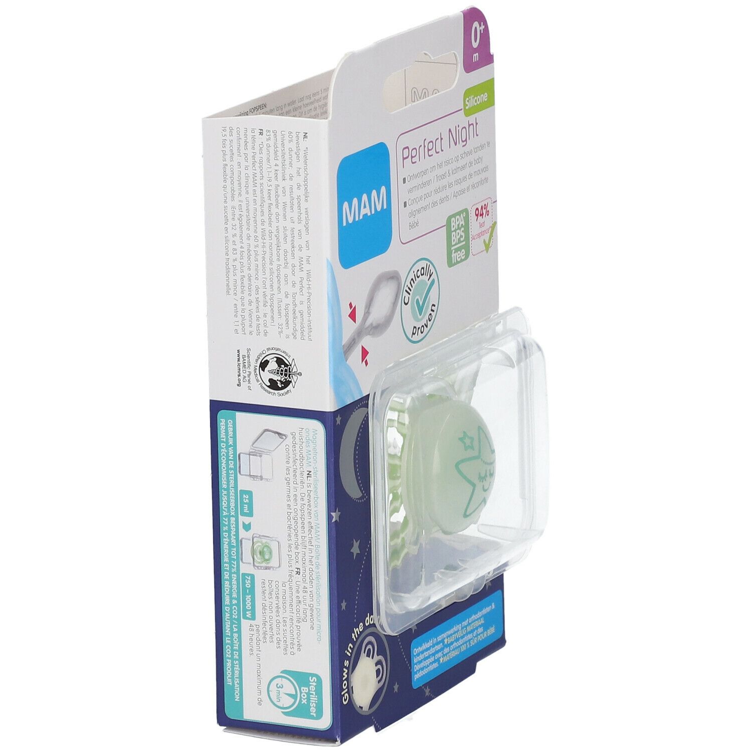 Emballage MAM Perfect Night. Sucette verte phosphorescente. Informations produit sur l'emballage.