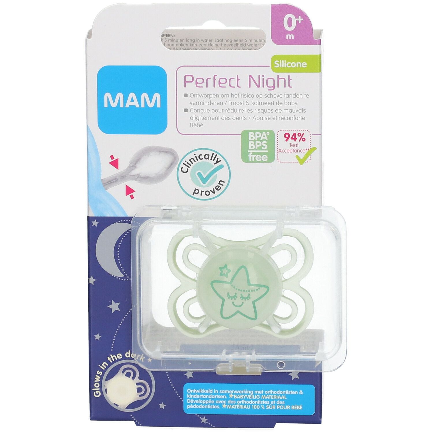 Sucette MAM Perfect Night, verte, phosphorescente. Emballage avec informations et certifications.