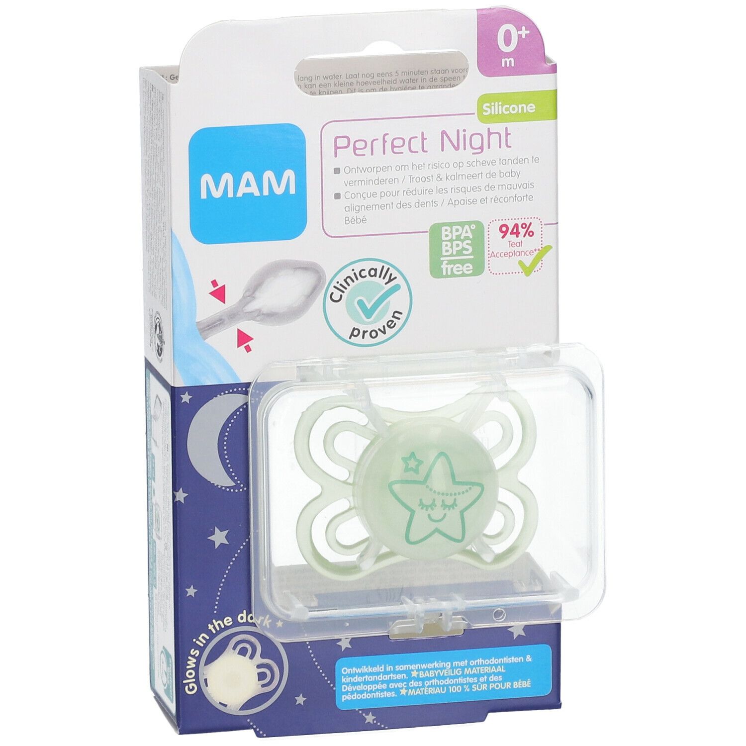 Sucette MAM Perfect Night, verte, phosphorescente. Emballage avec informations et certifications.