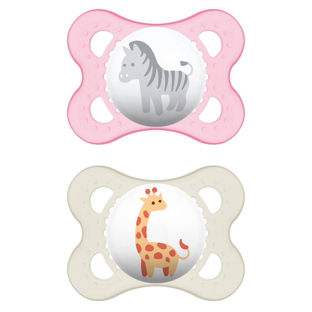 Zwei Schnuller mit Tier-Motiven. Rosa mit Zebra, beige mit Giraffe. Silikon. 0-6 Monate.
