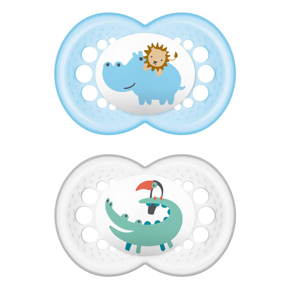 Deux sucettes avec des animaux : hippopotame et lion, crocodile et toucan. Couleurs bleu et blanc.