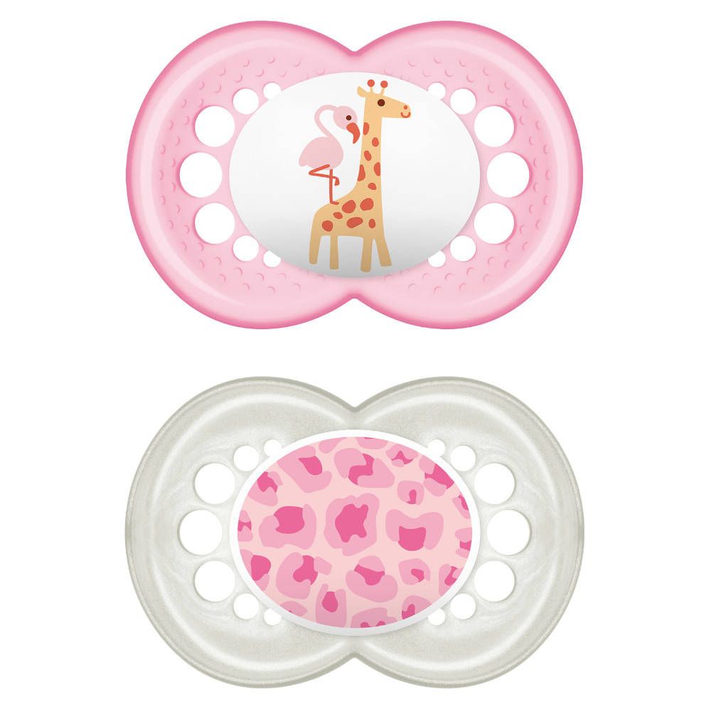 Deux sucettes avec des animaux : flamant rose et girafe, et motif léopard. Couleurs rose et crème.