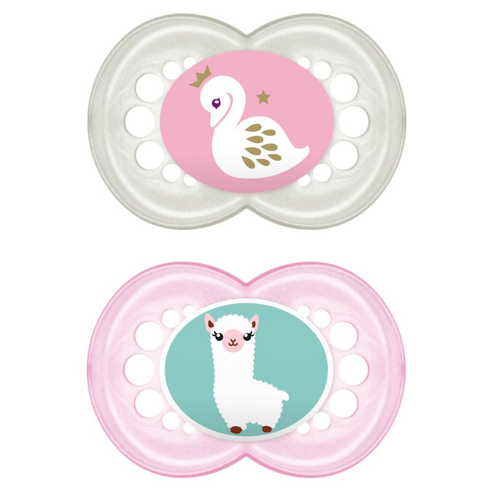 Deux sucettes avec motifs : cygne avec couronne et lama. Rose et gris. Forme ronde avec trous.