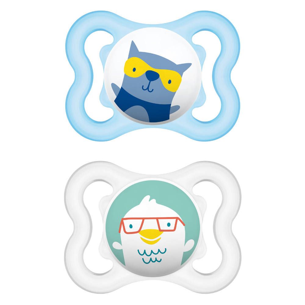 Deux sucettes avec des visages d'animaux. Bleues et blanches avec des supports bleus et blancs.