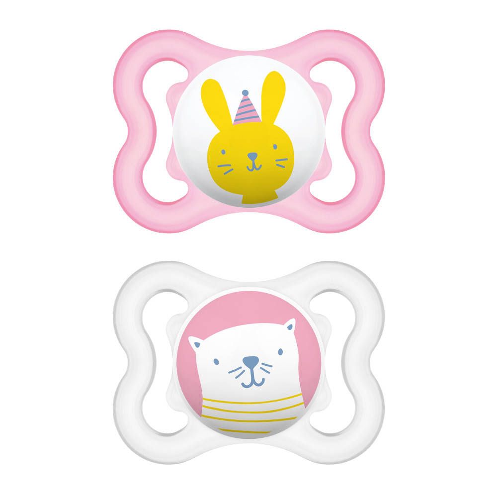 Deux sucettes avec des visages d'animaux. Roses et blanches avec des supports roses et blancs.