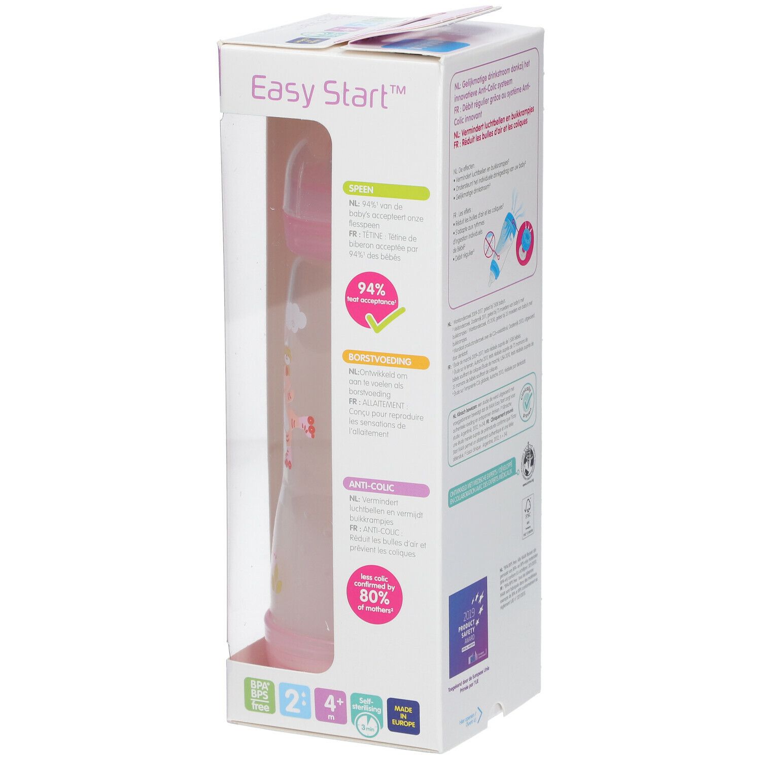 Biberon rose avec décor animalier dans son emballage. Logo MAM et inscription Easy Start. Fenêtre transparente.