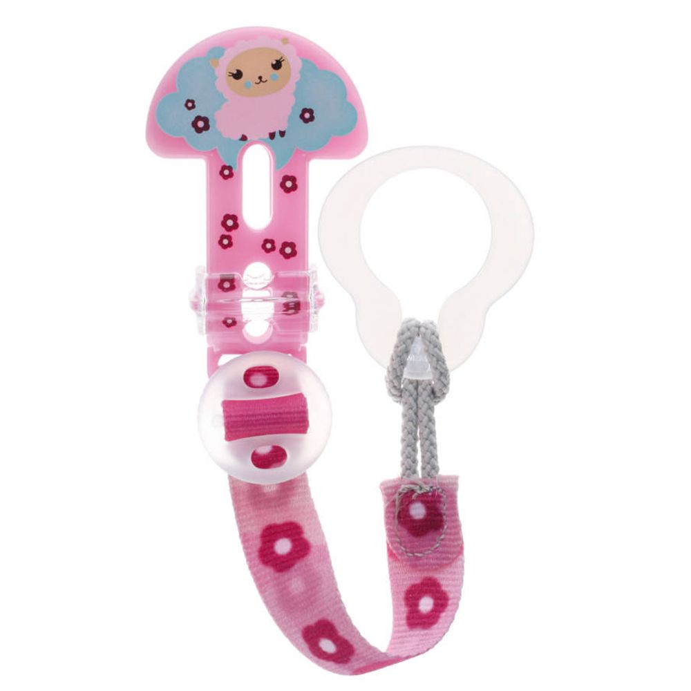 Attache-tétine rose avec motif mouton. Clip, ruban à fleurs, anneau et cordon. Plastique.