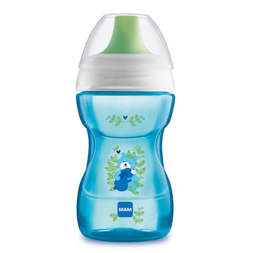 Gobelet bleu avec illustrations d'animaux et logo MAM. Avec couvercle transparent et embout vert.