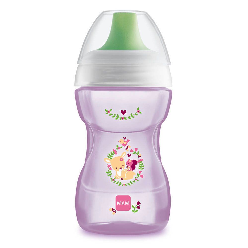 Gobelet violet avec illustrations d'animaux et logo MAM. Avec couvercle transparent et embout vert.