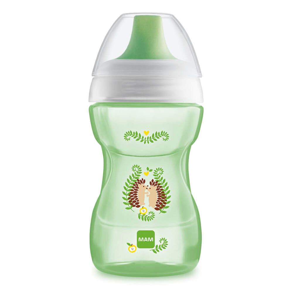 Gobelet vert avec illustrations d'animaux et logo MAM. Avec couvercle transparent et embout vert.