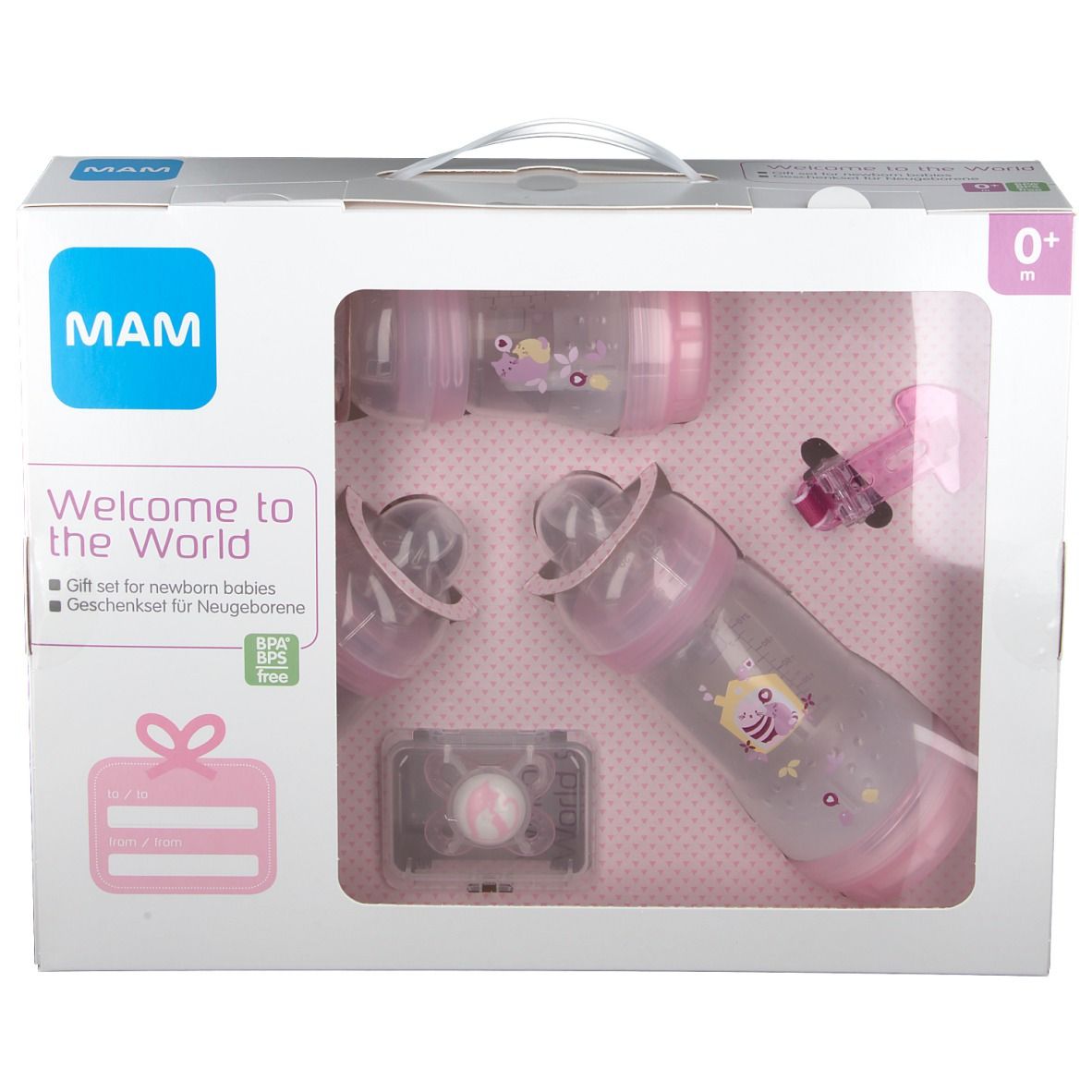 Ensemble MAM Welcome to the World. Contient des biberons, sucettes et accessoires. Tons roses. Marque et nom du produit visibles sur l'emballage.