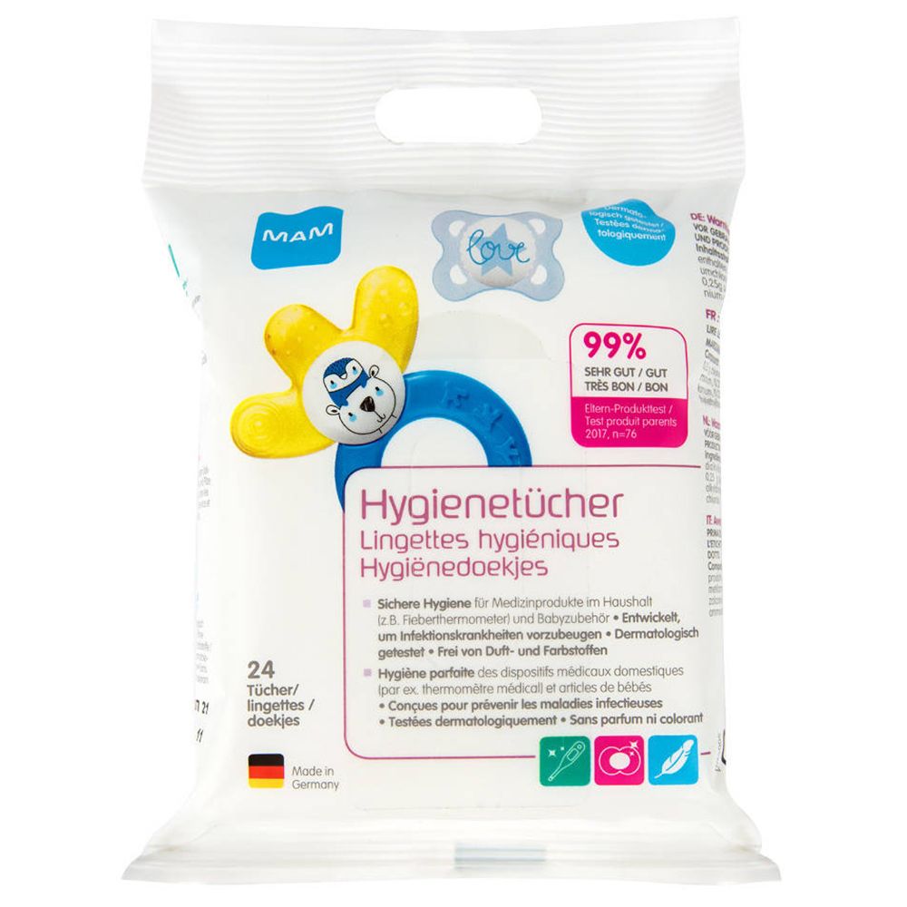 Weiße Packung mit MAM Hygienetücher. 24 Tücher. Aufdrucke: MAM, Hygienetücher, 99%, Logos. Mit gelbem Schnuller-Motiv.