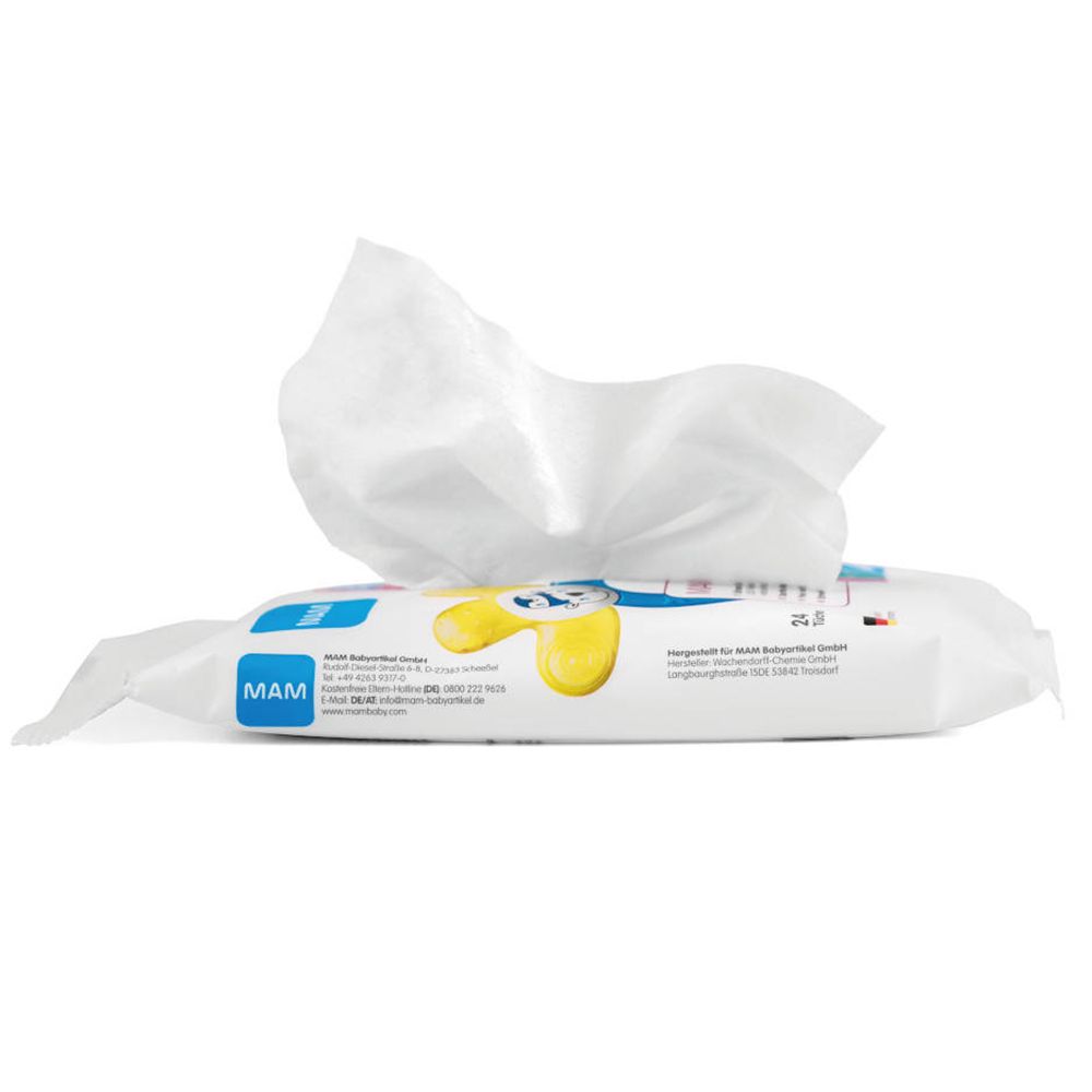 Geöffnete Packung MAM Hygienetücher. Weiße Tücher ragen heraus. Aufdruck: MAM. Produktname nicht vollständig sichtbar.