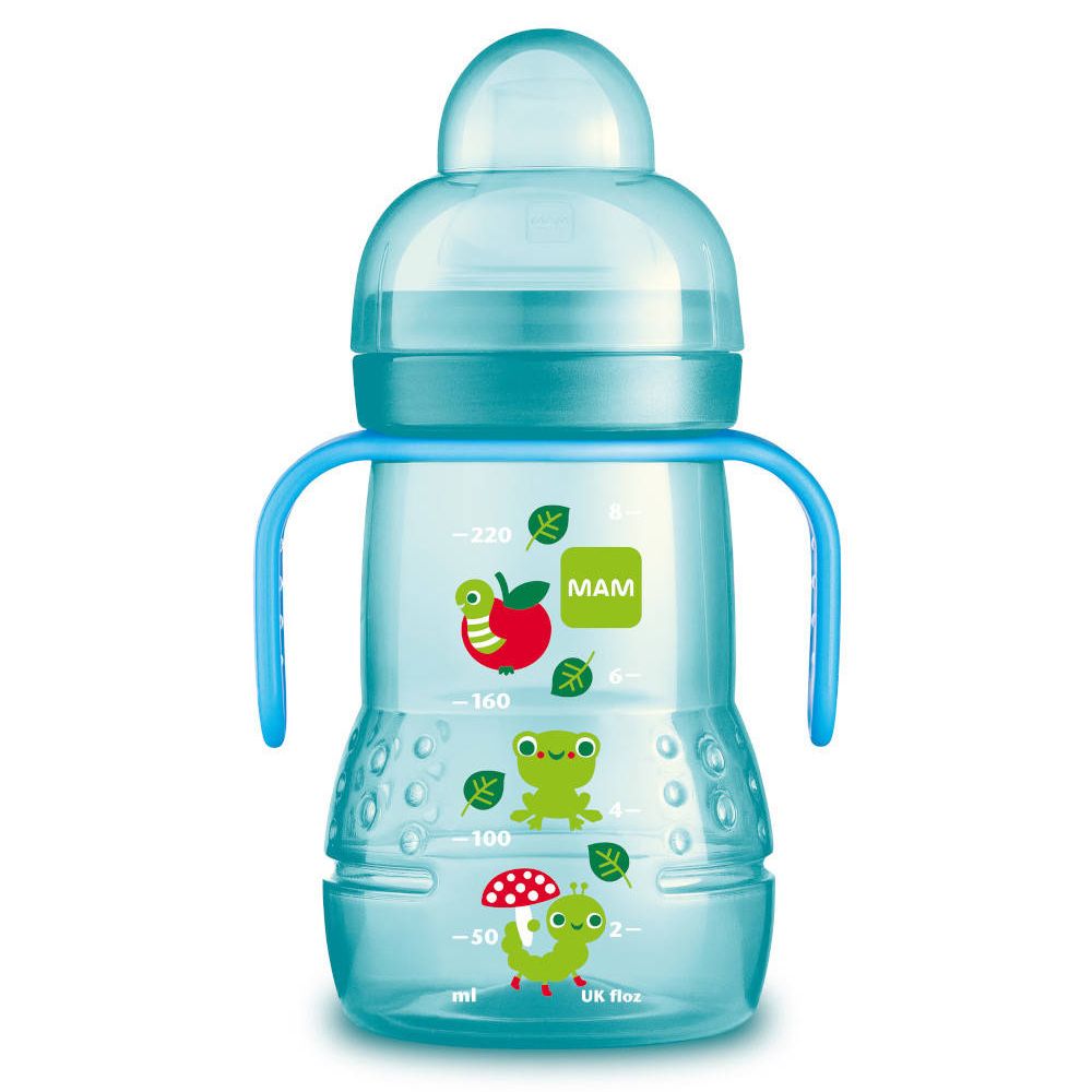 Biberon d'entraînement turquoise avec poignées et motifs animaux. Graduation jusqu'à 220 ml. Logo MAM.