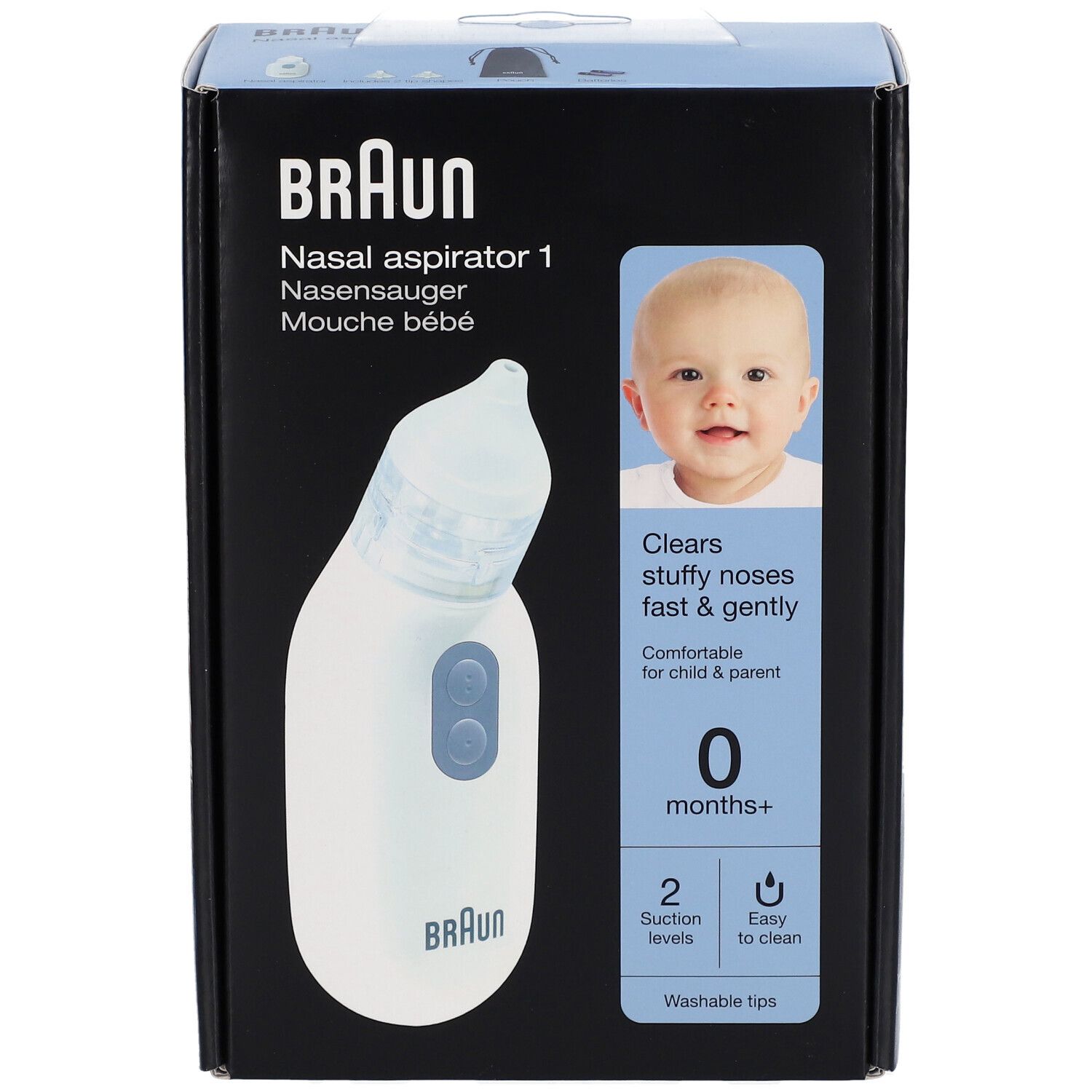 Verpakking Braun Nasensauger. Witte neuszuiger. Babyfoto en tekst: 0 maanden+, 2 zuigniveaus, gemakkelijk schoon te maken.