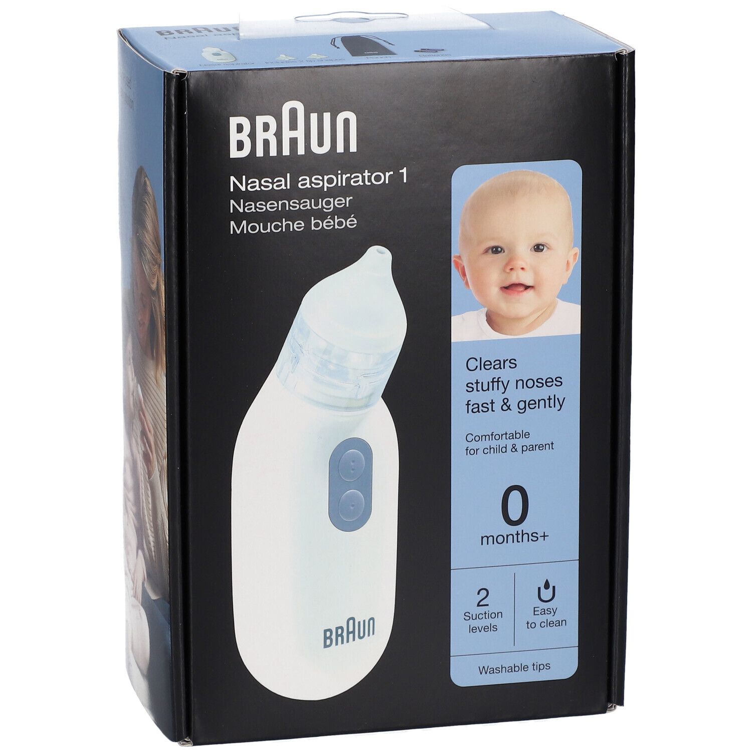 Verpakking Braun Nasensauger. Witte neuszuiger. Babyfoto en tekst: 0 maanden+, 2 zuigniveaus, gemakkelijk schoon te maken.