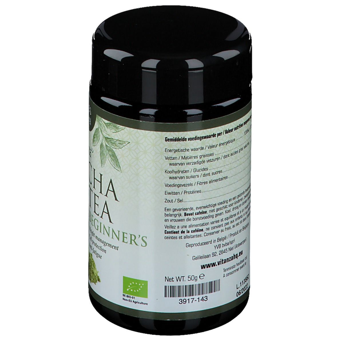 Dose Vitanza Matcha Tee, Rückseite mit Nährwertangaben und Text. Bio-Siegel. Nettogewicht: 50g.