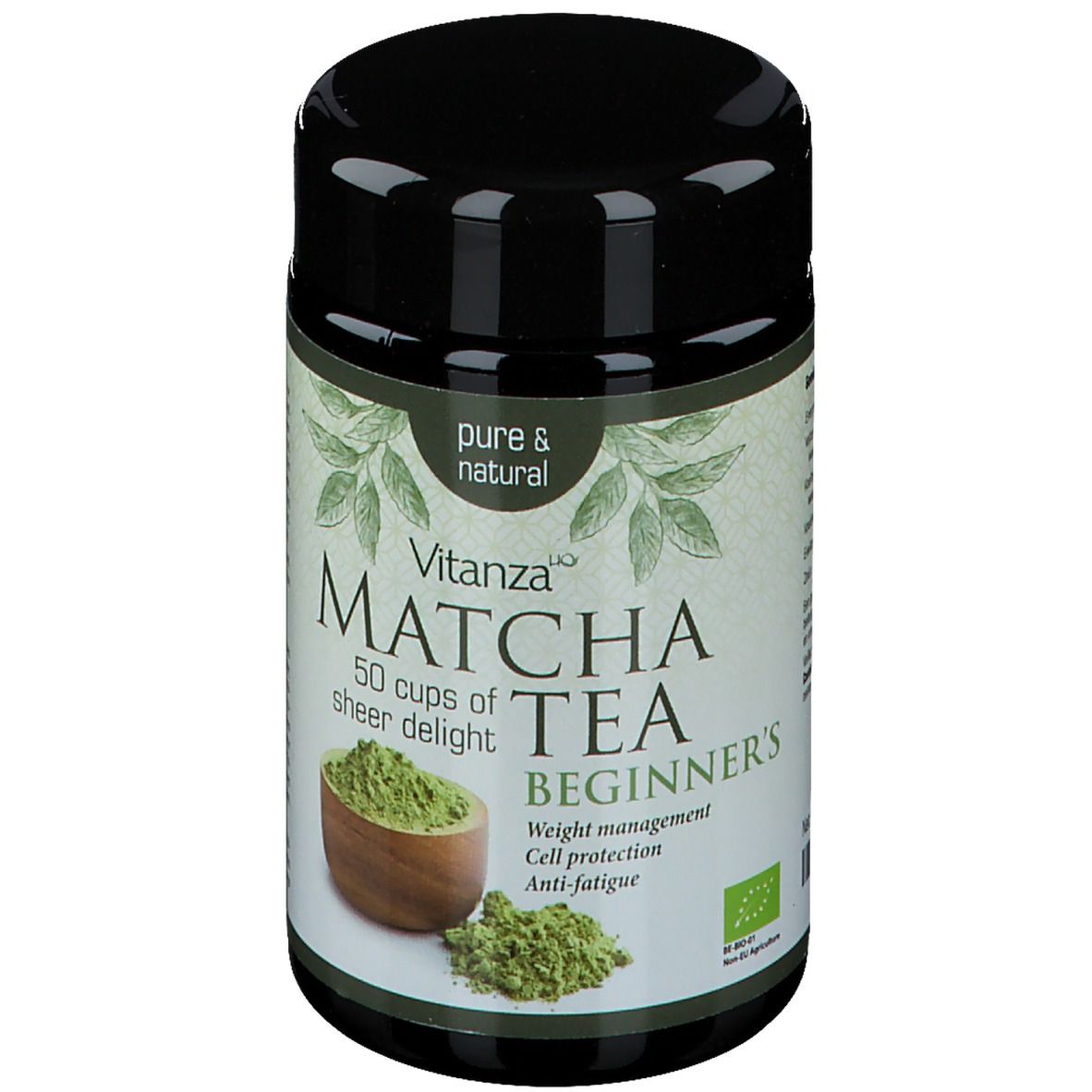 Dose Vitanza Matcha Tee, grün. Aufschrift: Matcha Tee Beginners, 50 Portionen. Bio-Siegel.