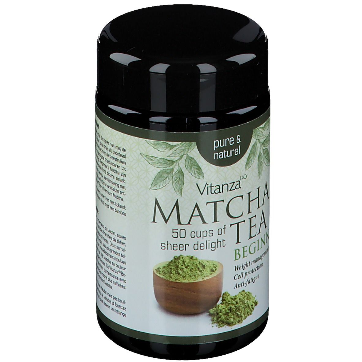 Dose Vitanza Matcha Tee, grün. Aufschrift: Matcha Tee Beginners, 50 Portionen. Bio-Siegel.