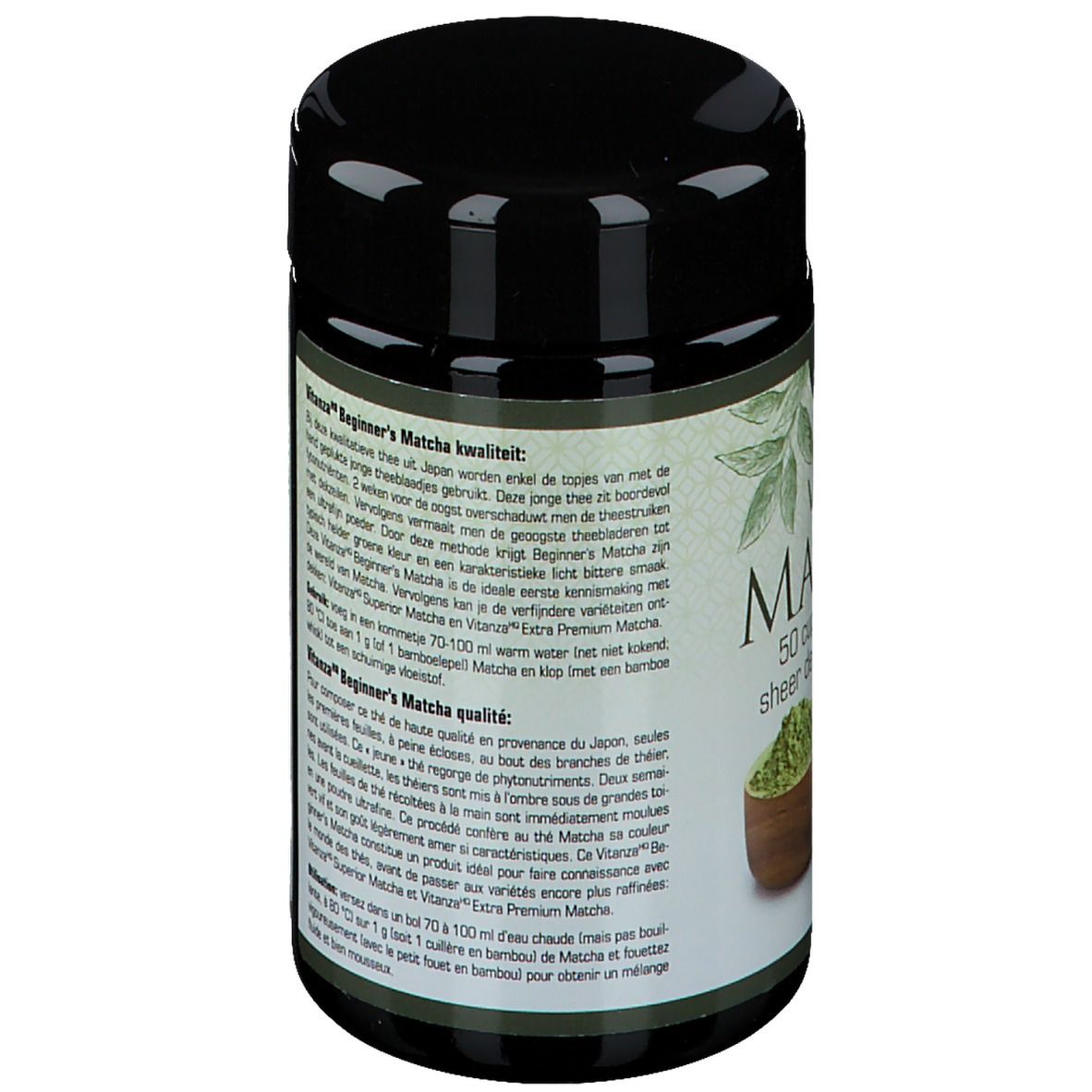 Dose Vitanza Matcha Tee, Rückseite mit Text. Bio-Siegel. Informationen zur Zubereitung und Qualität.