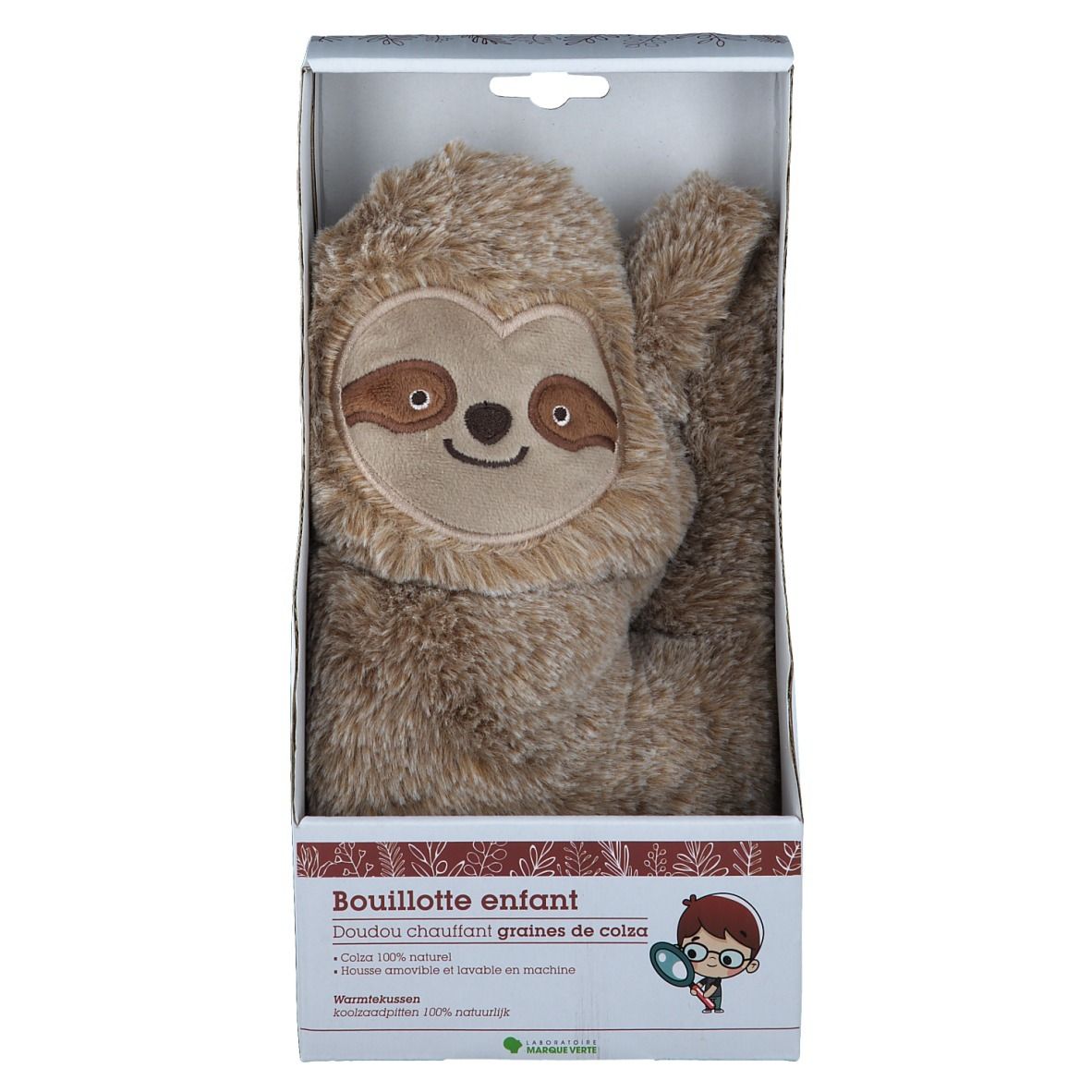 Coussin en forme de paresseux dans emballage. Peluche marron avec visage. Emballage avec texte.
