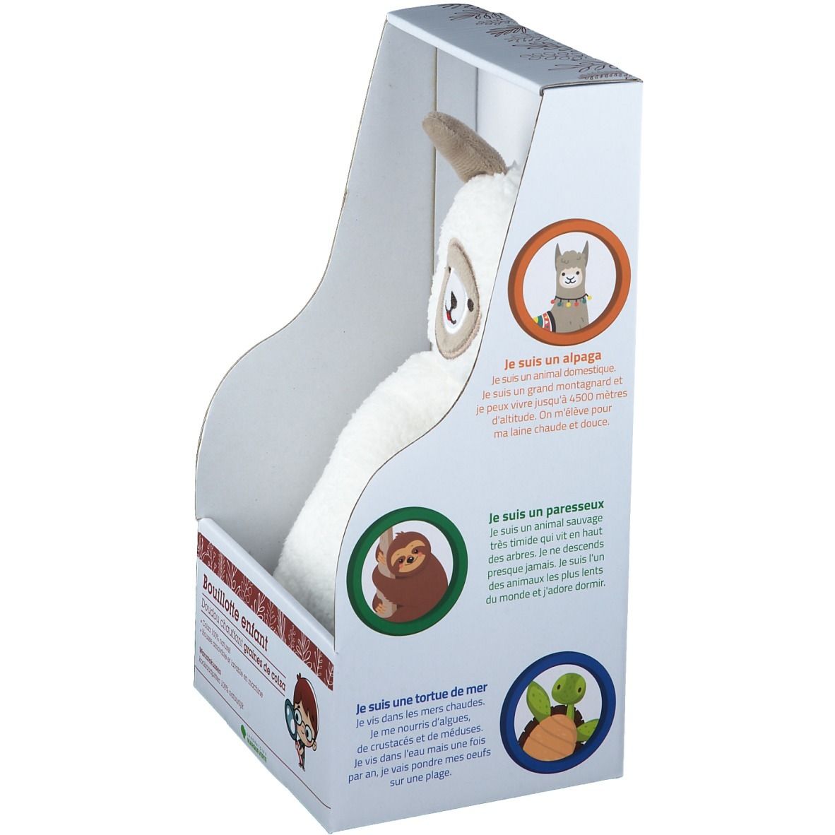 Lama blanc en peluche dans emballage. Emballage avec illustrations d'animaux et texte en français.