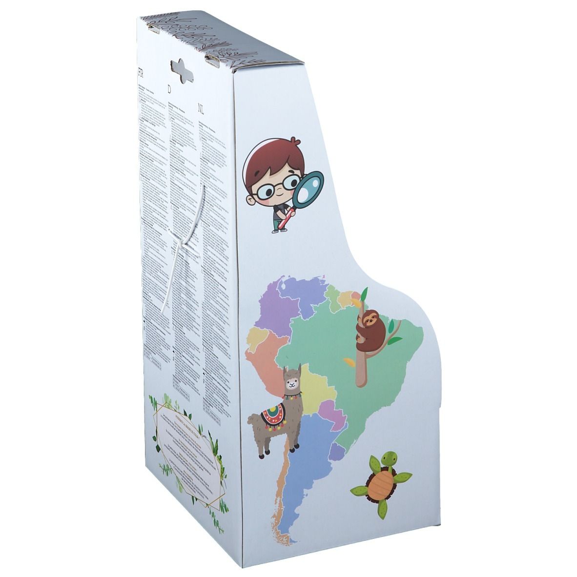 Emballage avec illustrations d'animaux et carte. Texte en français. Produit non visible.