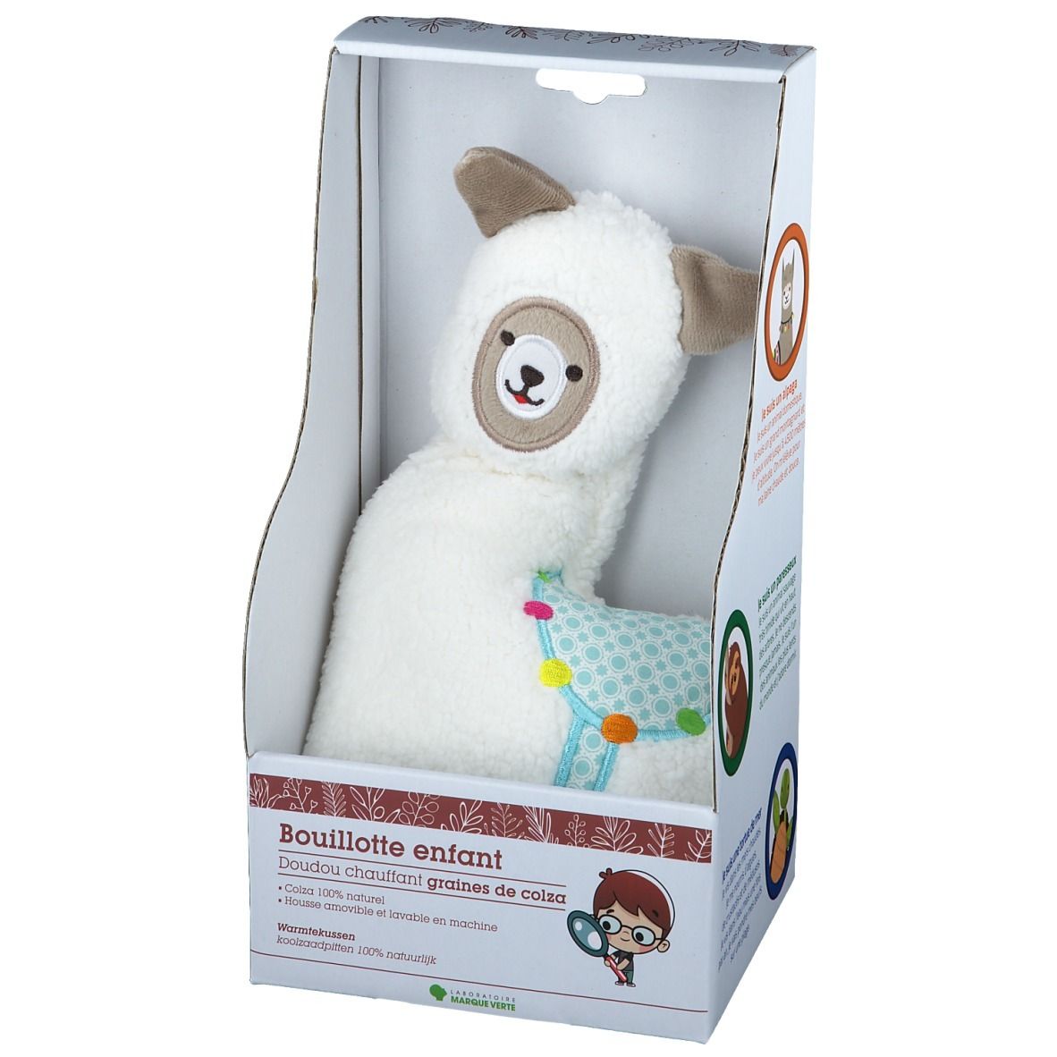 Lama en peluche blanche dans emballage. Oreilles marron clair, selle bleue. Emballage avec texte.