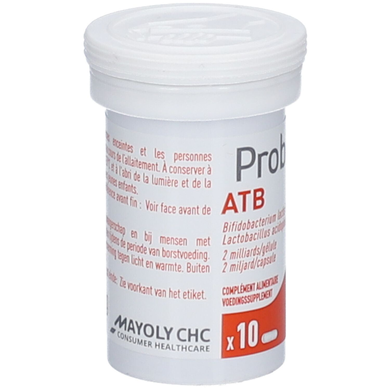 Witte, cilindrische Probiolog ATB-verpakking met deksel. Rode strook met tekst. Bevat 10 capsules.